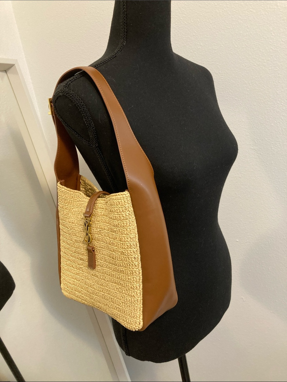 YSL Woven Straw & Brown Leather Shoulder Bag